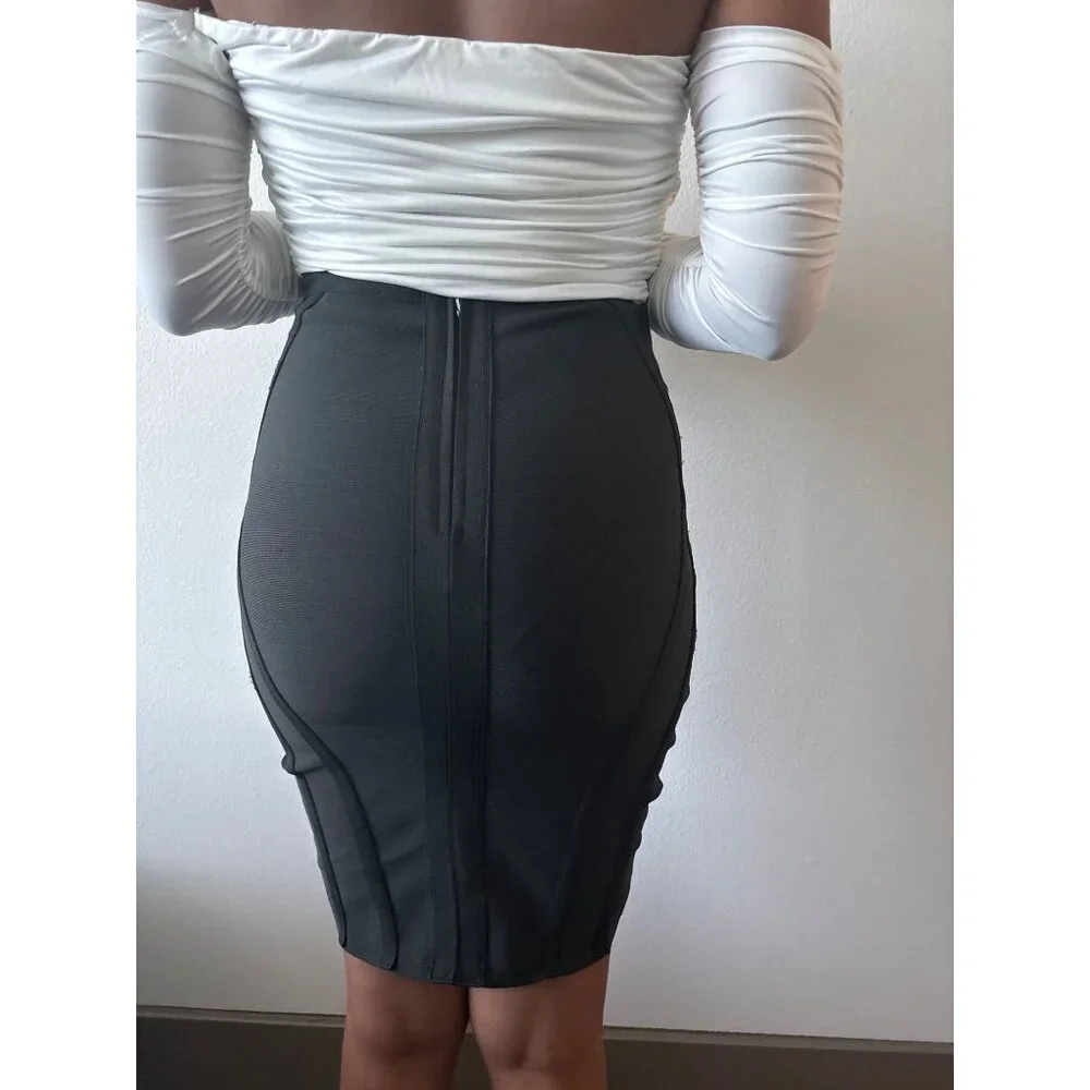 High Waist Skirt Size Medium Black Cutout Lattice Bodycon Stretch Bold Clubwear - Picture 2 of 16